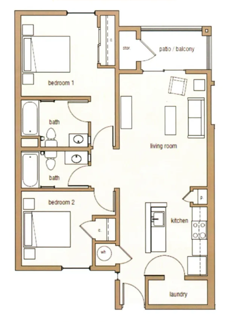 A floor plan of a two bedroom apartment with a living room, kitchen, and laundry room.